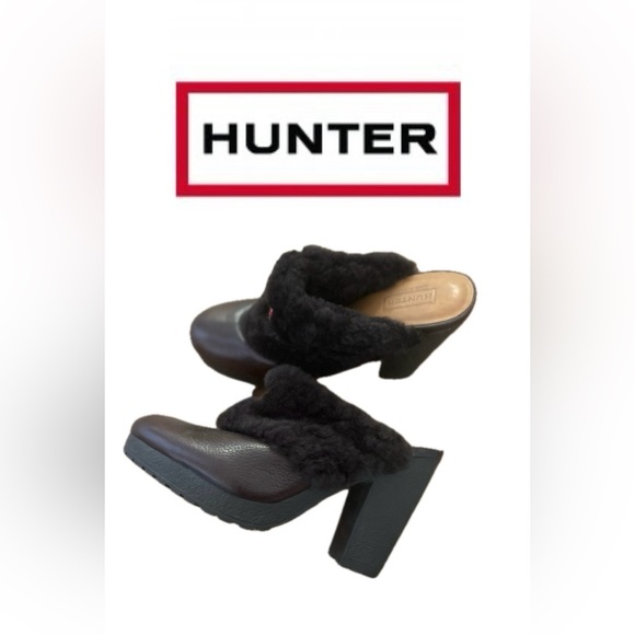 Hunter Shoes - Hunter  Brown/Black Fleece Sheepskin/Leather Heeled Shoe Clog Mule -Sz 7-